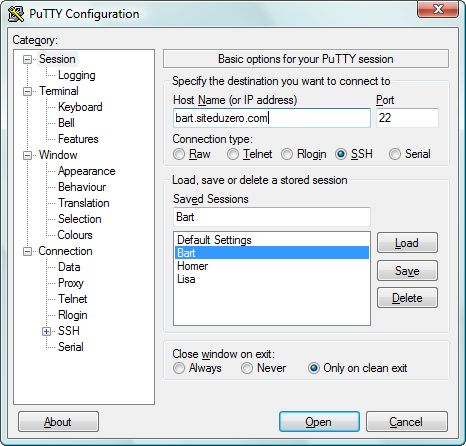 Fenêtre de configuration de PuTTY